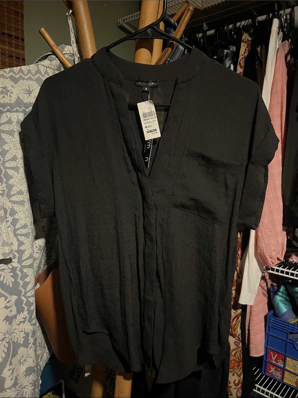Papermoon Black Short-Sleeve Button-Down V-Neck Top